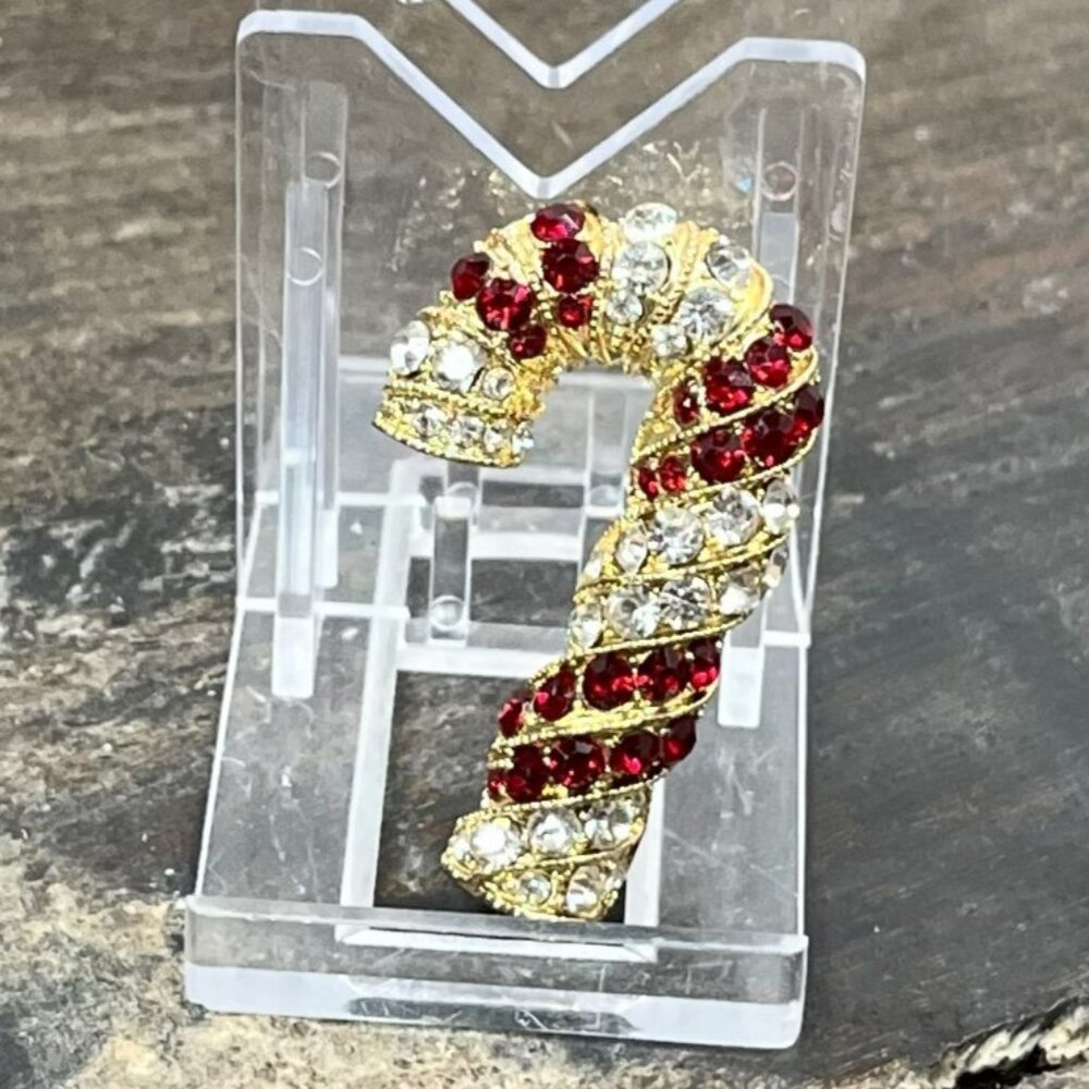 Vintage Signed Monet Sparkling Rhinestone Candy Cane Christmas Brooch Pin